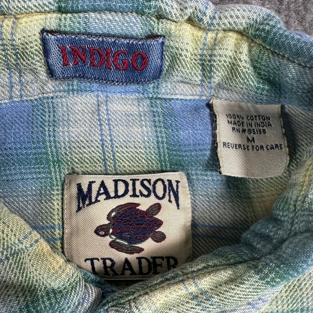 Madison Trader‎ Plaid Flannel Shirt Men Medium Blue Yellow Button Down - Picture 4 of 8